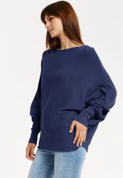Liquorish Women's Jumper Navy Soft with Batwing Sleeves