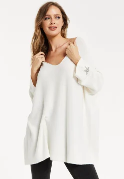 Liquorish Women's Jumper White V-Neck Long Sleeve with Star Embellishments