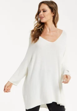Liquorish Women's Jumper White V-Neck Long Sleeve with Star Embellishments