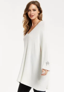 Liquorish Women's Jumper White V-Neck Long Sleeve with Star Embellishments