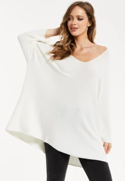 Liquorish Women's Jumper White V-Neck Long Sleeve with Star Embellishments