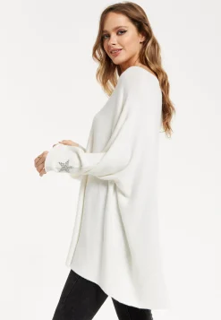 Liquorish Women's Jumper White V-Neck Long Sleeve with Star Embellishments