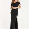 Liquorish Women's Maxi Dress in Black with Off-Shoulder Design, Thigh-High Slit & Sequin Detail