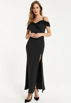 Liquorish Women's Maxi Dress in Black with Off-Shoulder Design, Thigh-High Slit & Sequin Detail