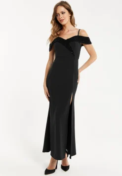 Liquorish Women's Maxi Dress in Black with Off-Shoulder Design, Thigh-High Slit & Sequin Detail