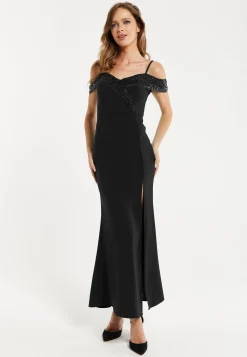 Liquorish Women's Maxi Dress in Black with Off-Shoulder Design, Thigh-High Slit & Sequin Detail