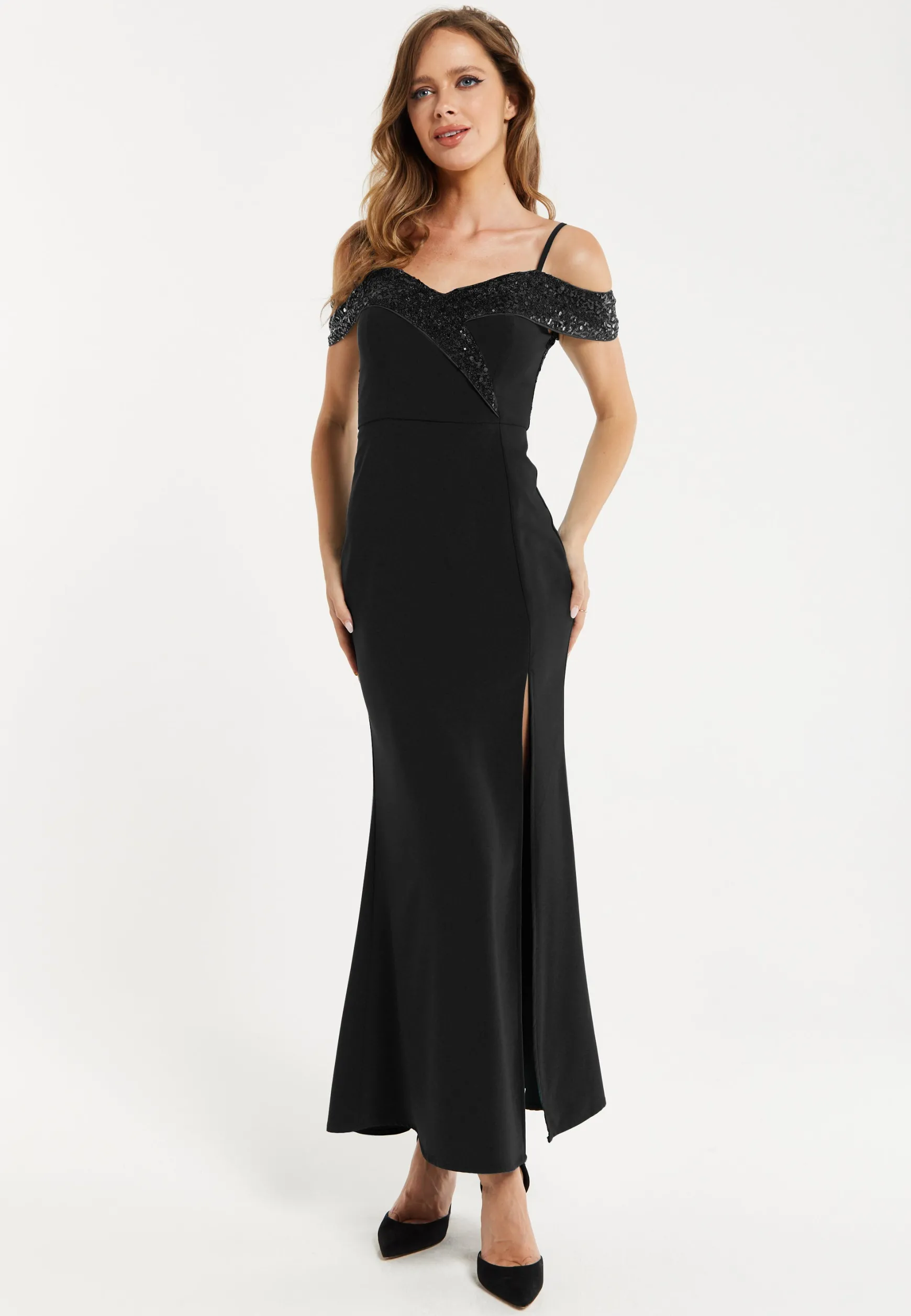 Liquorish Women's Maxi Dress in Black with Off-Shoulder Design, Thigh-High Slit & Sequin Detail
