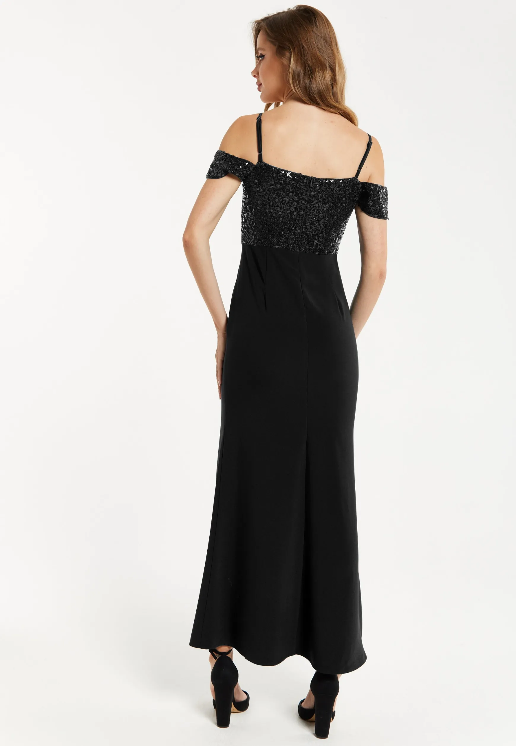 Liquorish Women's Maxi Dress in Black with Off-Shoulder Design, Thigh-High Slit & Sequin Detail