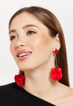 Long Flower Petal Dangle Earrings in Red