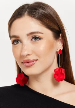 Long Flower Petal Dangle Earrings in Red