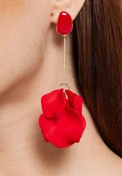 Long Flower Petal Dangle Earrings in Red