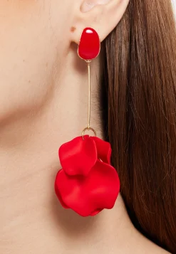 Long Flower Petal Dangle Earrings in Red