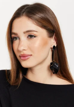Matte Black Flower Petals Long Drop Dangle Earrings