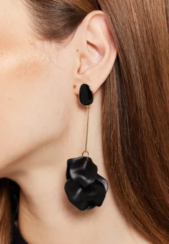 Matte Black Flower Petals Long Drop Dangle Earrings