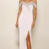 Maxi Dress with Off-Shoulder Design Thigh-High Slit & Sequin Detail