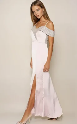 Maxi Dress with Off-Shoulder Design Thigh-High Slit & Sequin Detail