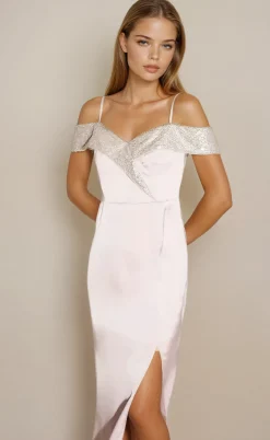 Maxi Dress with Off-Shoulder Design Thigh-High Slit & Sequin Detail