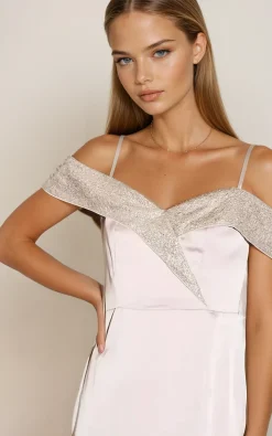 Maxi Dress with Off-Shoulder Design Thigh-High Slit & Sequin Detail