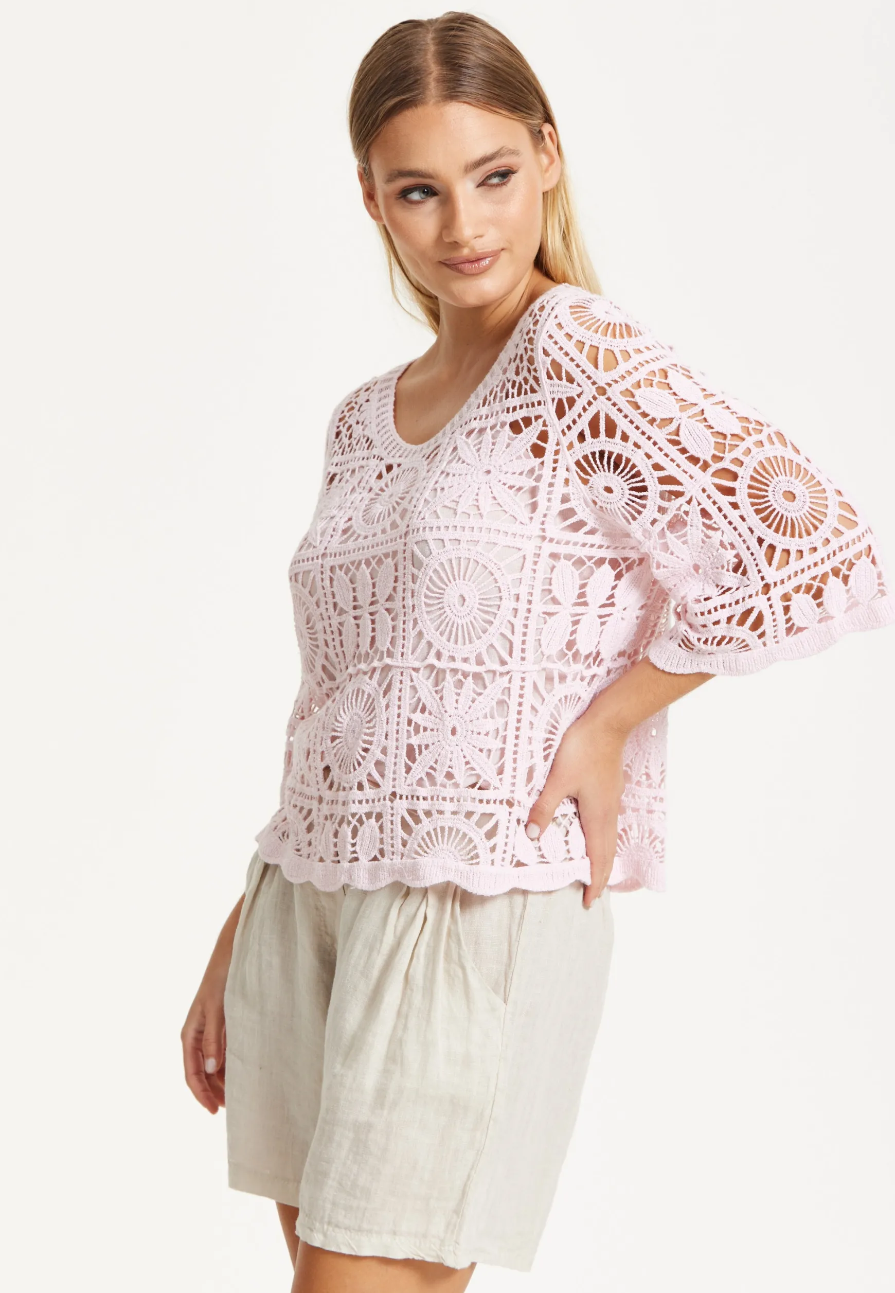 Pink Knitted Crochet Lace Top