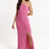 Pink Lurex One Shoulder Maxi Dress