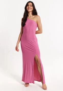 Pink Lurex One Shoulder Maxi Dress