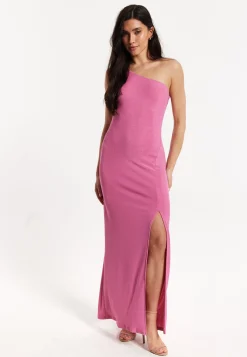 Pink Lurex One Shoulder Maxi Dress