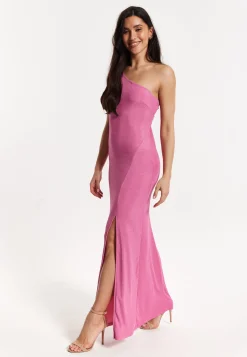 Pink Lurex One Shoulder Maxi Dress