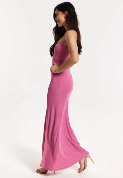 Pink Lurex One Shoulder Maxi Dress