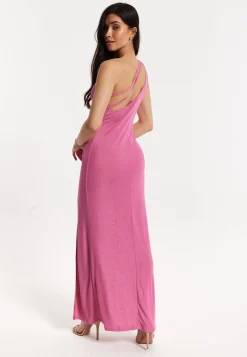Pink Lurex One Shoulder Maxi Dress
