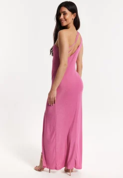 Pink Lurex One Shoulder Maxi Dress