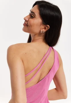 Pink Lurex One Shoulder Maxi Dress