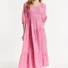 Pink Printed Shirred Maxi Dress