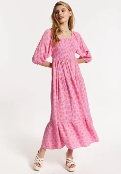 Pink Printed Shirred Maxi Dress
