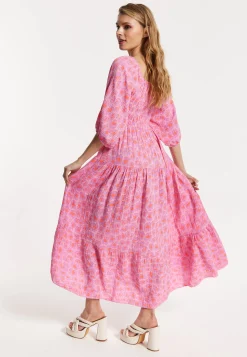 Pink Printed Shirred Maxi Dress