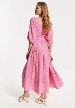 Pink Printed Shirred Maxi Dress