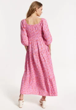 Pink Printed Shirred Maxi Dress