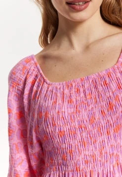 Pink Printed Shirred Maxi Dress