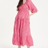 Pink Puff Sleeve Stripe Midi Dress