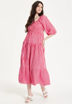 Pink Puff Sleeve Stripe Midi Dress