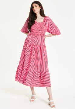 Pink Puff Sleeve Stripe Midi Dress