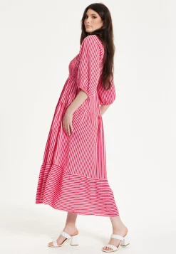 Pink Puff Sleeve Stripe Midi Dress