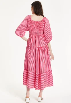 Pink Puff Sleeve Stripe Midi Dress