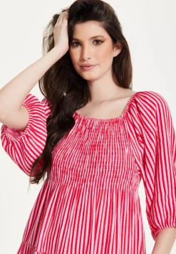 Pink Puff Sleeve Stripe Midi Dress