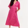 Pink Satin Kimono Sleeve Maxi Wrap Dress