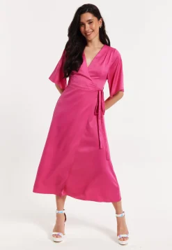 Pink Satin Kimono Sleeve Maxi Wrap Dress