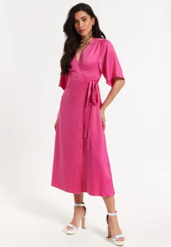 Pink Satin Kimono Sleeve Maxi Wrap Dress