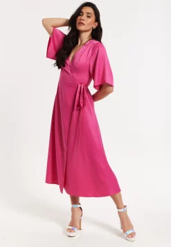 Pink Satin Kimono Sleeve Maxi Wrap Dress