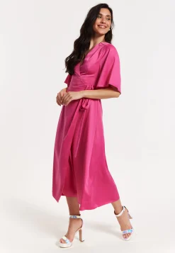 Pink Satin Kimono Sleeve Maxi Wrap Dress