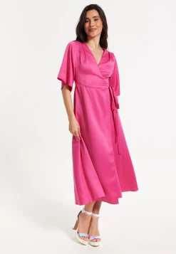 Pink Satin Kimono Sleeve Maxi Wrap Dress