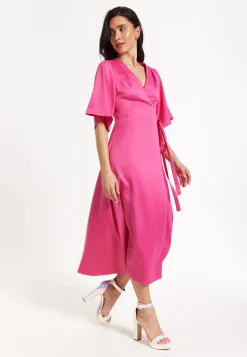 Pink Satin Kimono Sleeve Maxi Wrap Dress
